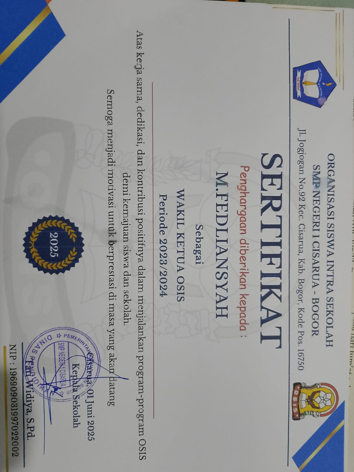 Sertifikat Wakil Ketua OSIS